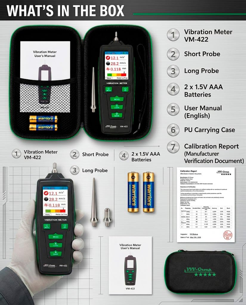 Digital Vibration Meter – VM-422 Industrial Vibrometer with Memory, Acceleration 0.1–199.9 m/s², Velocity 0.1–199.9 mm/s, Displacement 0.001–1.999 mm, 10Hz–4kHz, 500 Data Storage