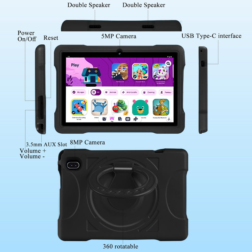 JUSYEA Tablet 10 Inch Android, 12GB+128GB+1TB TF, Family Edition, 5G+2.4G WiFi, 2.0GHz Dual-Core Processor, BT 5.0, 6000mAh Battery, 8MP+5MP Cameras, Includes EVA Case-Black