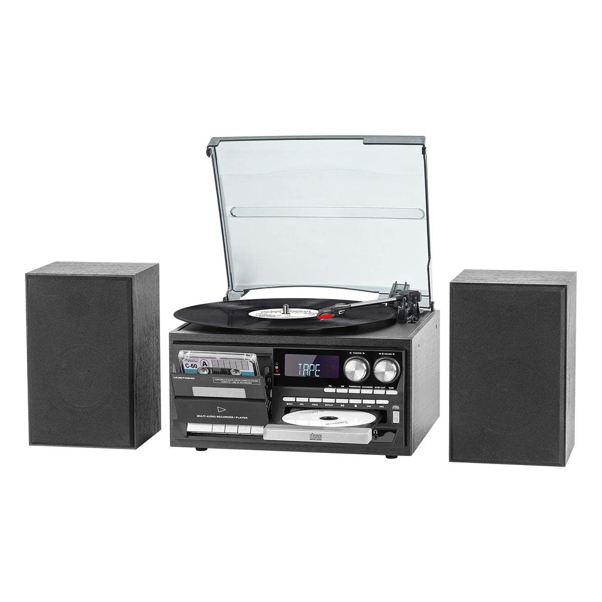 10 in 1 Record Player with External Speakers, Timeless Vintage Style & Rich Stereo Sound, Two-Way Bluetooth, 3-Speed Turntable, CD, Cassette, AM/FM Radio, USB/SD, Remote Control, Black