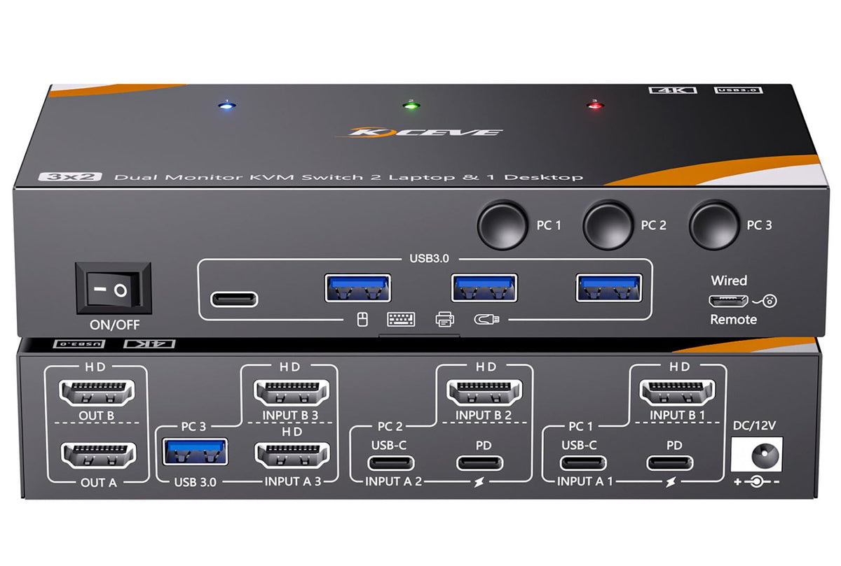 KCEVE KVM Switch 2 Monitors for 2 Laptops 1 Desktop HDMI 4K@60Hz