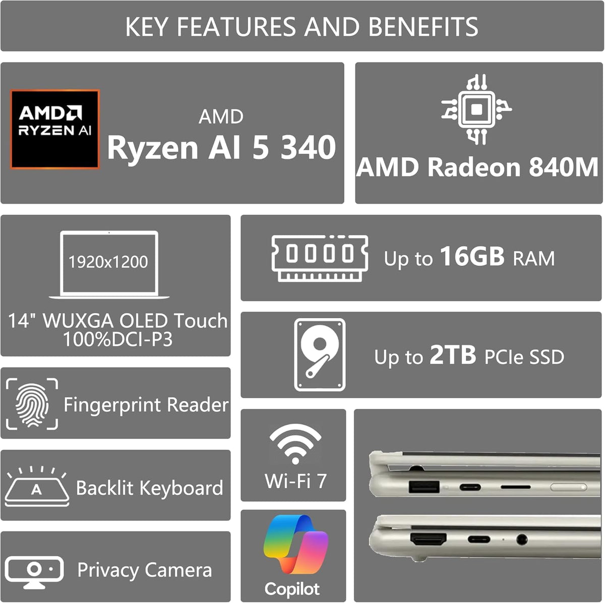Lenovo Yoga 7 2-in-1 Laptop | 14" WUXGA OLED Touch (100% DCI-P3 600nits HDR) | AMD 6-core Ryzen AI 5 340 (Up to 50 Tops) | 16GB DDR5 512GB SSD Backlit Fingerprint Wi-Fi7 w/Pen Win11 w/DLCA Accessory