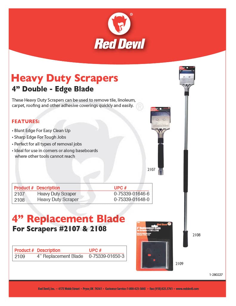 Red Devil 2108 Long Handle Heavy Duty Floor Scraper with 4-Inch Double Edge Steel Blade, Cushioned Grip Handle for Tile, Linoleum, and Carpet Removal, Pack of 4