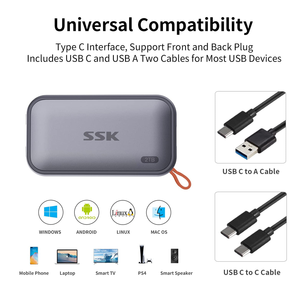SSK Portable SSD 2TB External Solid State Hard Drive USB C Up to 1050MB/s