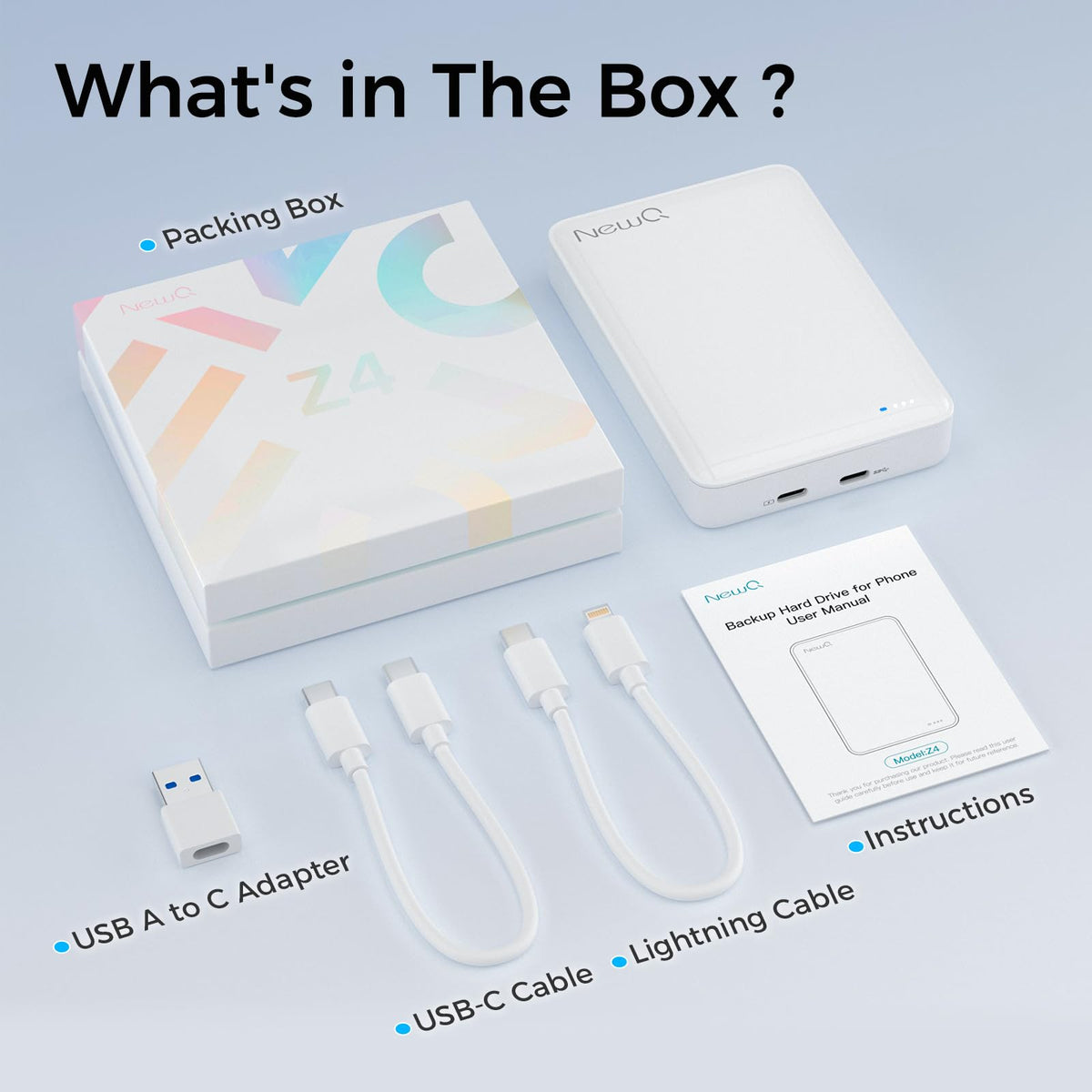 NEWQ 2TB External Hard Drive for iPhone, Portable Phone Drive with App to Backup Photos, Videos and Files, for iPhone 15/16/17/18 Series