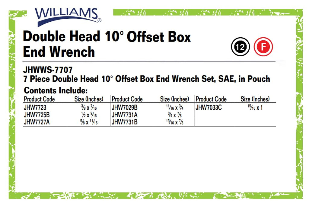 Williams WS-7707 7-Piece Double Head 10-Degree Offset Box End Wrench Set