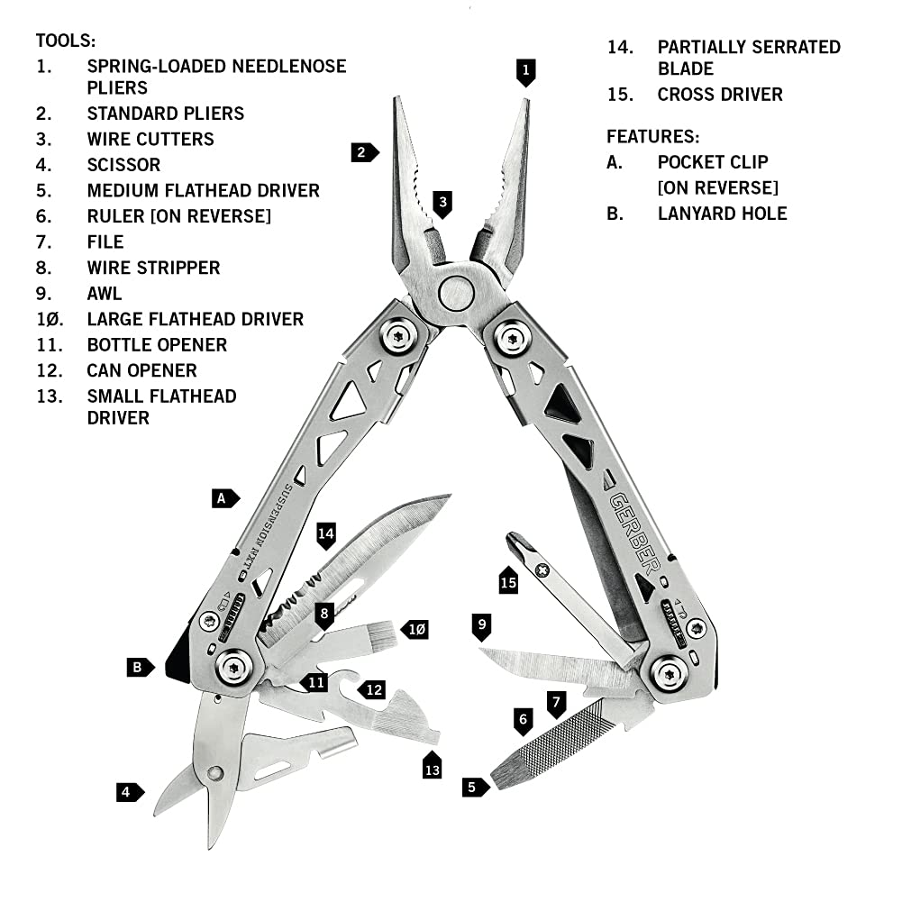 Gerber Gear Suspension-NXT 15-in-1 EDC Multi tool with Pocket Knife, Needle Nose Pliers and Wire Stripper Tools, Gifts for Men, Survival and Camping Gear, Stainless Steel (Pack of 12)