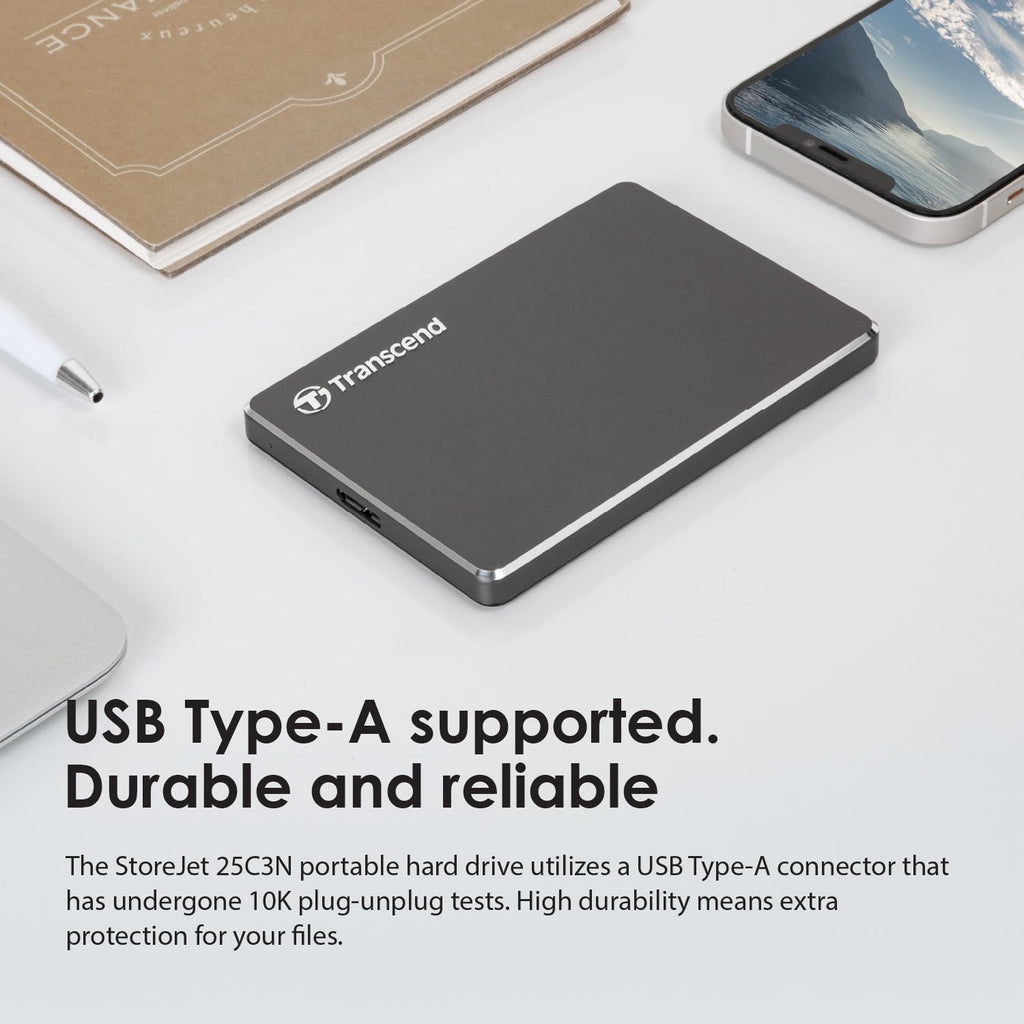 Transcend 1TB StoreJet 25C3N Portable HDD, Sleek Aluminum Case, Type-A