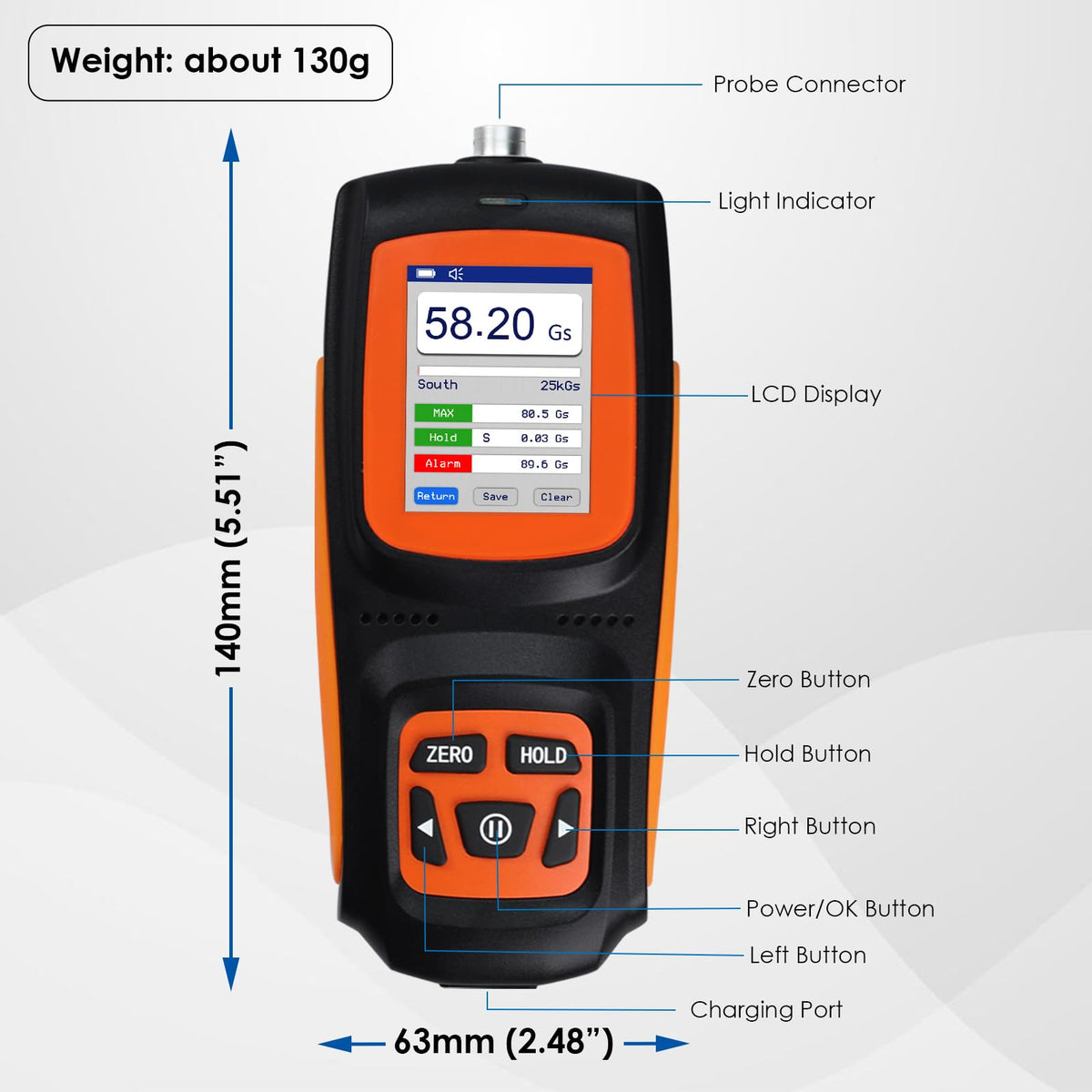 Gauss Meter, ±2% Accuracy Magnetometer, High Precision Industrial 0-2500mT Tesla Meter, Rechargeable Gaussmeter with Hall Probe, EMI & Surface Magnetic Field Tester, Data Storage