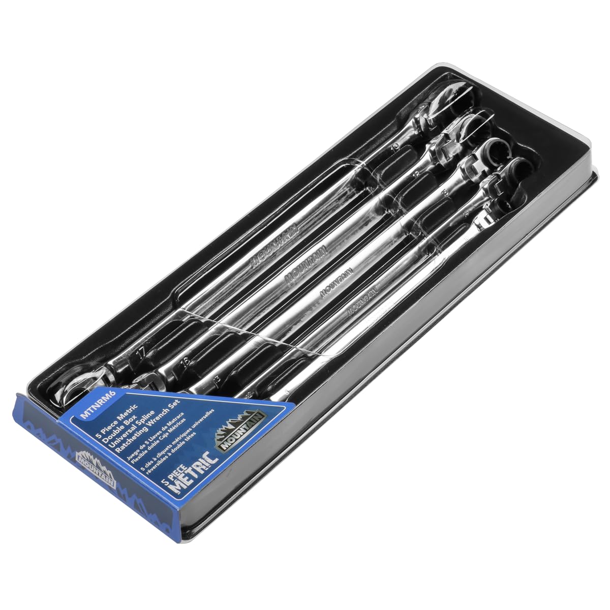 MOUNTAIN RM6, 5 Piece Metric Double Box Universal Spline Reversible Ratcheting Wrench Set, Extra Long Chrome Vanadium Steel, 90 Tooth, 4 Degree Swing Arc, Flexible Design for Hard to Reach Fasteners