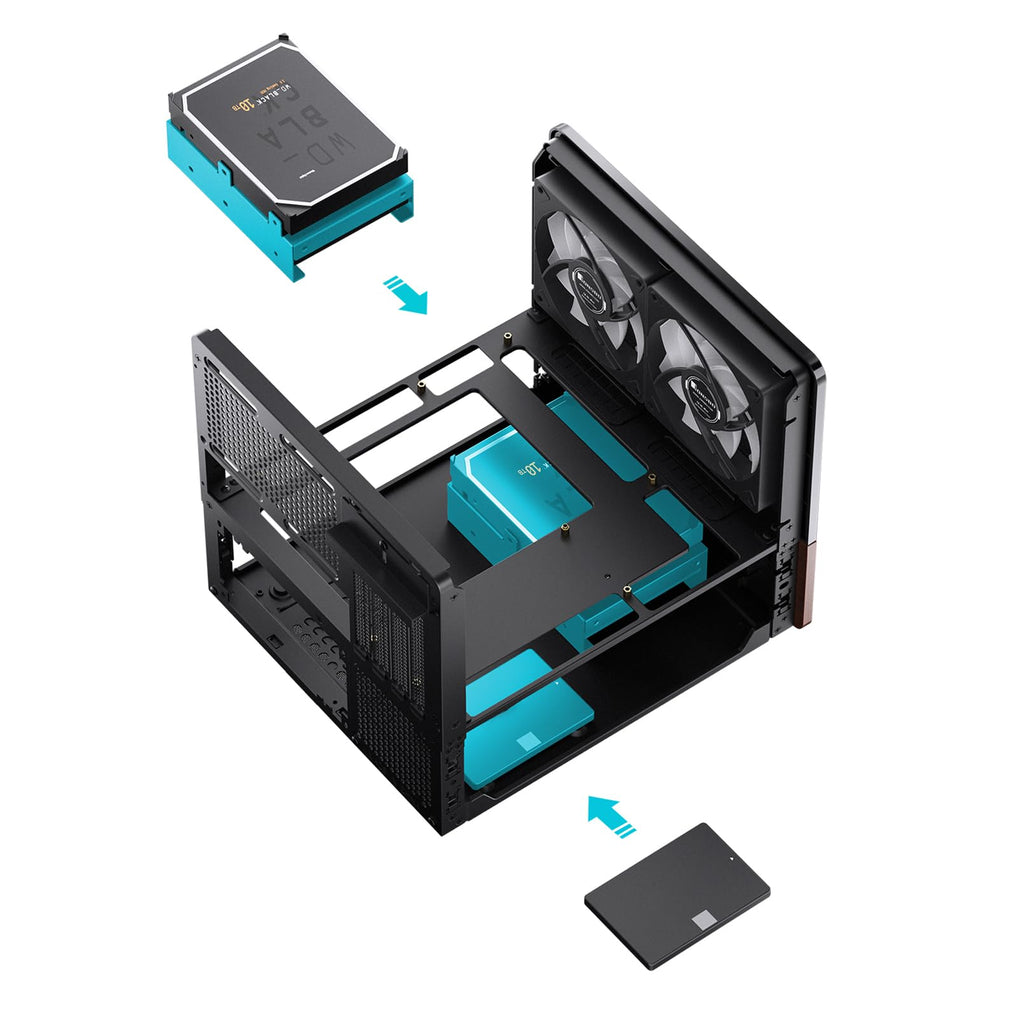 JONSBO V12 Black Micro ATX Mid Tower PC Case, Hyperboloid Glass Desktop Design, Separated Cabinet Structure,Walnut Wood,MATX Desktop Computer Chassis, GPU<260mm,ATX PSU,Front 120mm*2(Built-in) Black