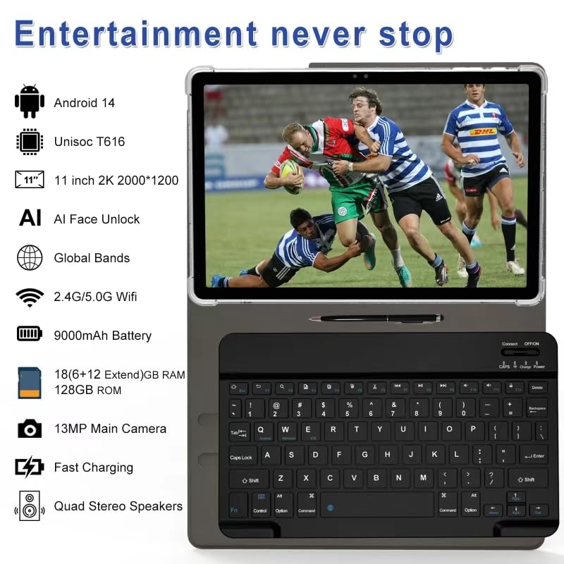 2026 Gemini AI 11 inch Android Tablet 2000 * 1200 2K Display 2 in 1 Tablets, T616, 18GB RAM+128GB ROM+1TB Expand, 5+5+13MP Camera, 9000mAh, 4 Speakers, 5G WiFi, Tablet With Keyboard, Stylus, Case