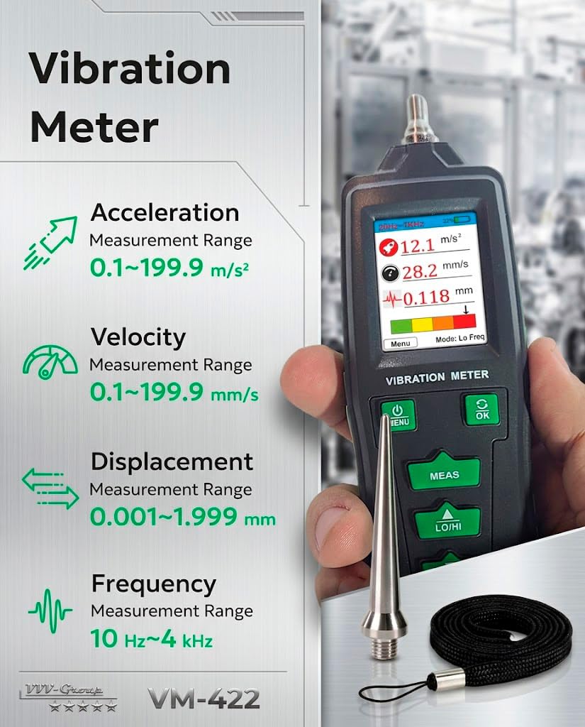 Digital Vibration Meter – VM-422 Industrial Vibrometer with Memory, Acceleration 0.1–199.9 m/s², Velocity 0.1–199.9 mm/s, Displacement 0.001–1.999 mm, 10Hz–4kHz, 500 Data Storage