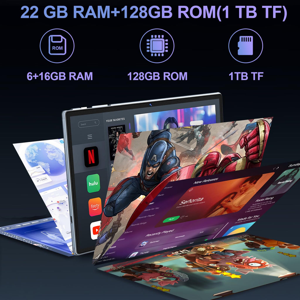 Tablet 10 inch Tablets Android 22GB RAM 128GB ROM 2TB TF, Octa-Core Processor 8000mAh, G+G HD IPS Display Tableta, Dual Camera, Widevine L1 Tablet PC with Keyboard & Mouse - Gray