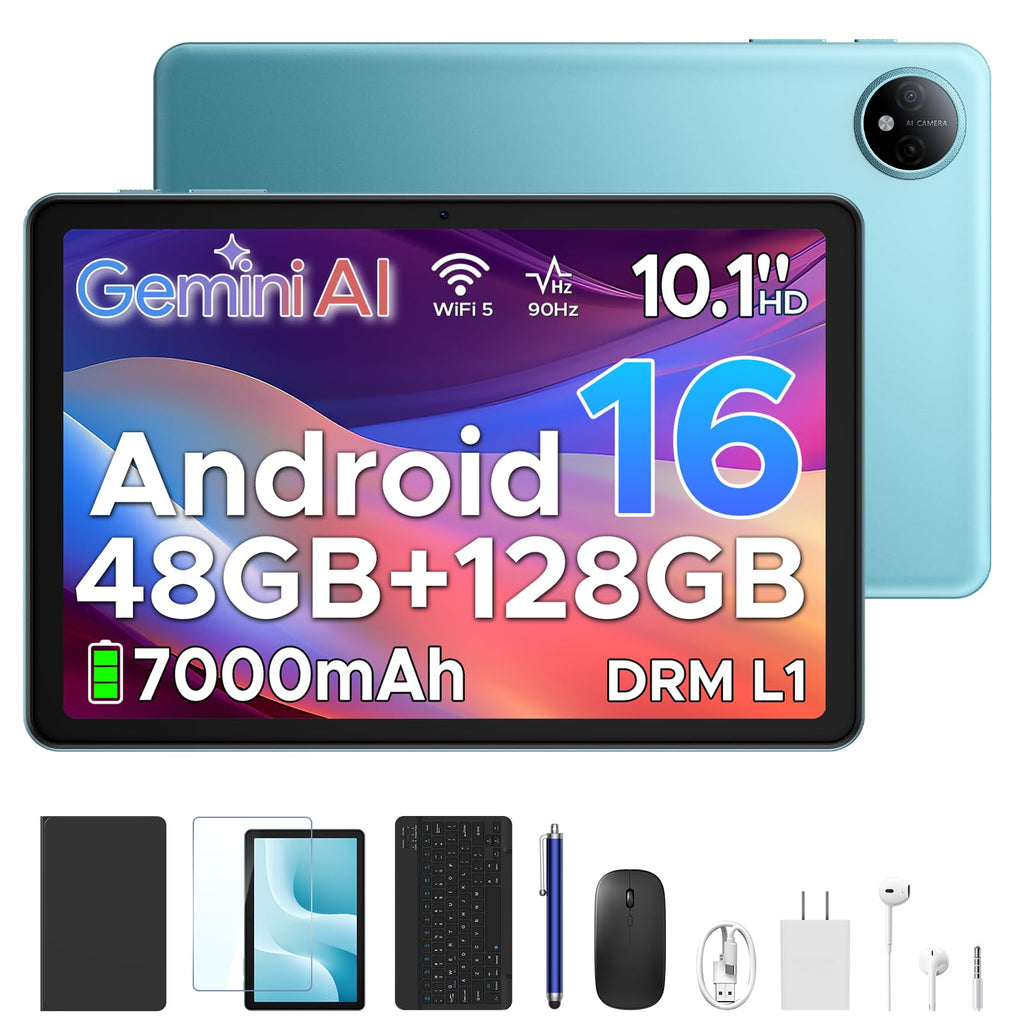 P10 Android 16 Tablet, 10 Inch Tablet, 48GB RAM+128GB ROM/2TB TF, Gemini AI, 90Hz Display, 7000mAh, OTG, 5G WiFi, Face ID, OTG, GPS, 3.5mm Jack, Widevine L1, Tablets with Keyboard