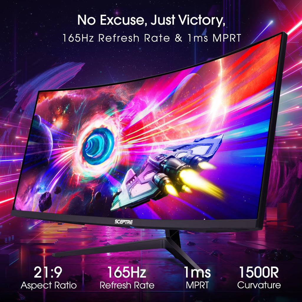 Sceptre 34-inch Curved ultrawide WQHD Monitor (3440 × 1440), R1500, up to 180Hz/165Hz, DisplayPort x2, 99% sRGB, 1ms, Built-in Speakers, Machine Black, 2025 (C345B-QUT168)
