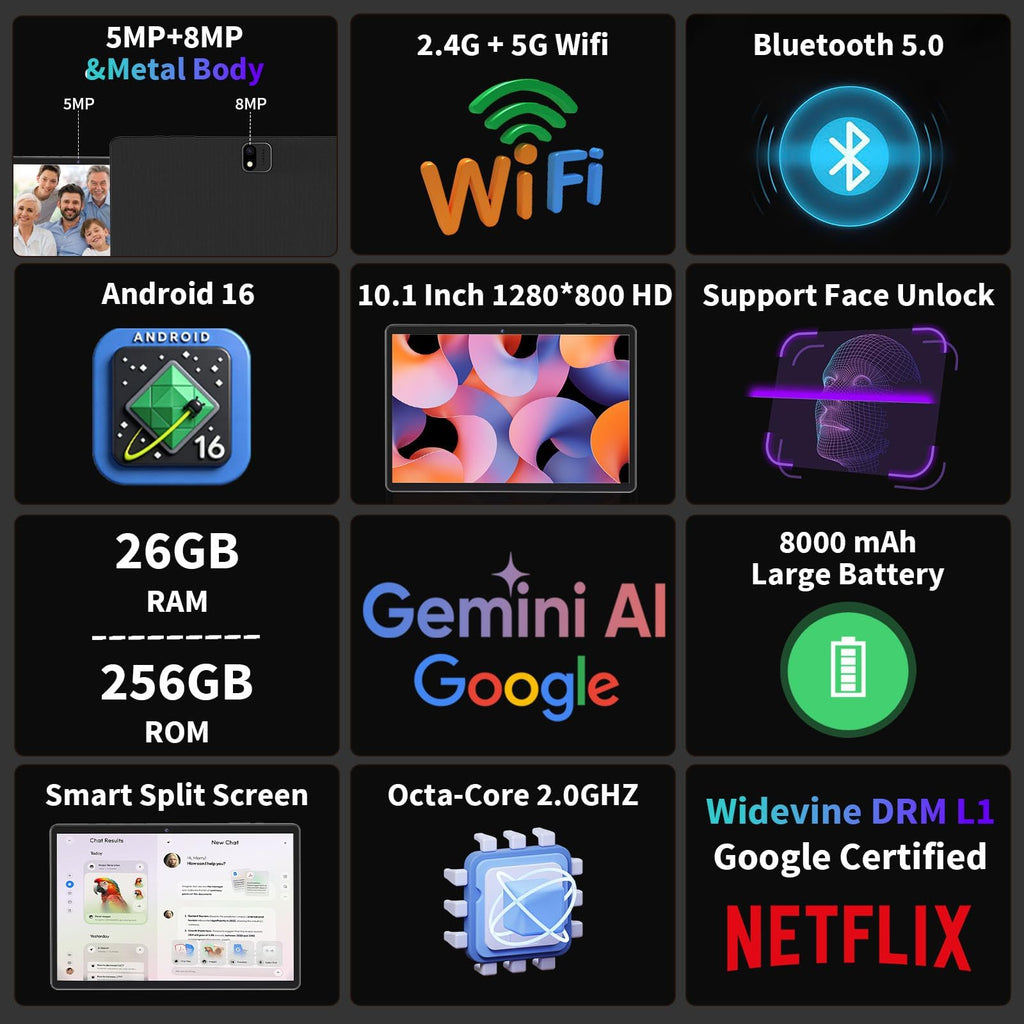 2026 10 Inch Tablet, Android 16 Tablet with Keyboard, 26GB+256GB+2TB Expand