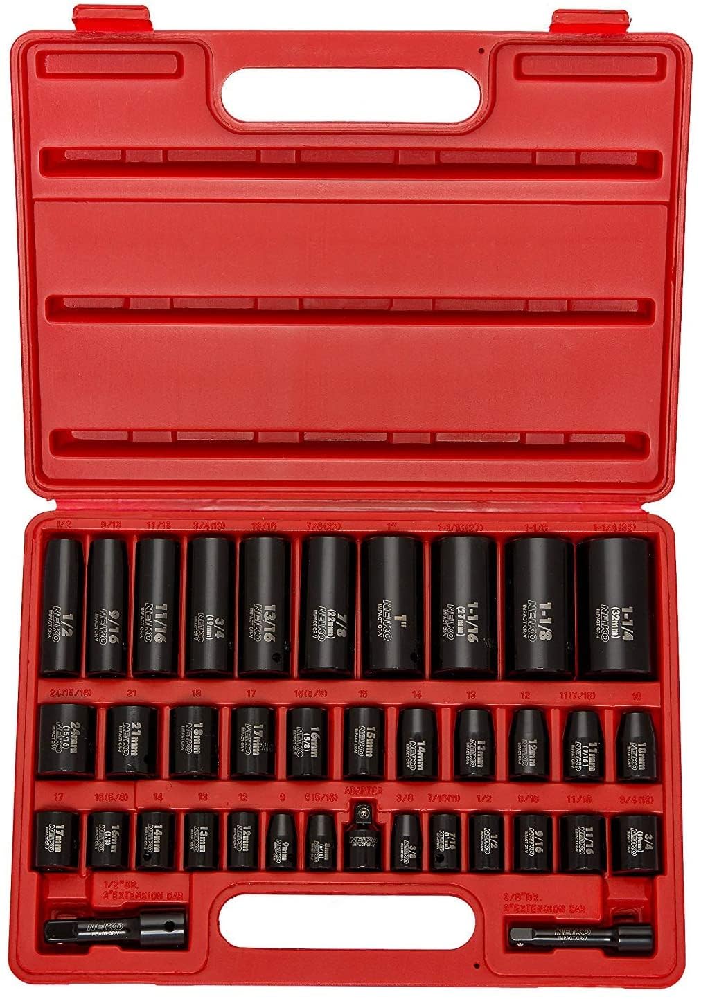 NEIKO 02471A Impact Socket Set, 3/8” Drive, 67 Piece, Metric and Standard Master Socket Set with Shallow & Deep Sockets, Ratchet, Swivel Sockets, Extension Bars, Adapters, Cr-V & Cr-Mo