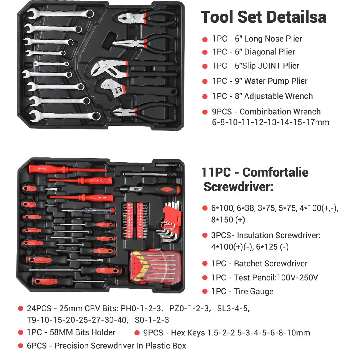 800 Pieces Mechanic Tool Set with Rolling Tool Case, Complete Tool Box Set with Socket Wrenches, Portable Mechanic Kit for Home & Auto Repairs