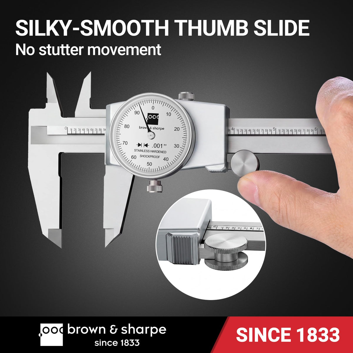 TESA Brown & Sharpe 599-579-8-1 Stainless Steel Dial Caliper, White Face, 0"-8" Range, +/-0.001" Accuracy, 0.001" Resolution, Meets DIN 862 Specifications