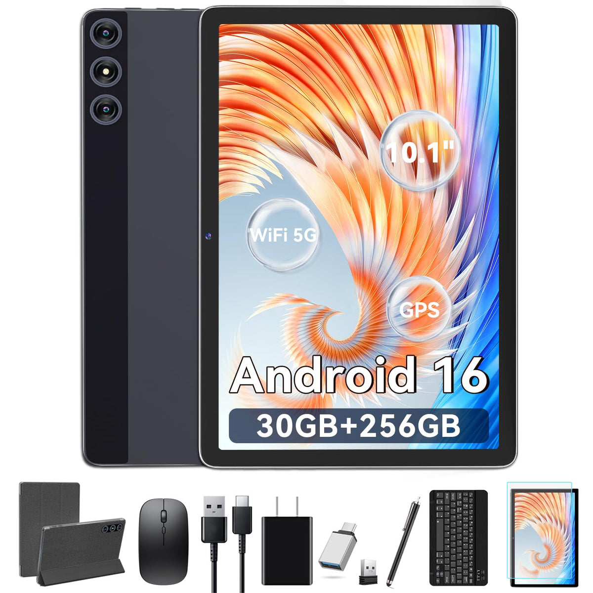 10.1 Inch Android 16 Tablet with Keyboard 30GB+256GB, 5G WiFi, 2026 New Tab