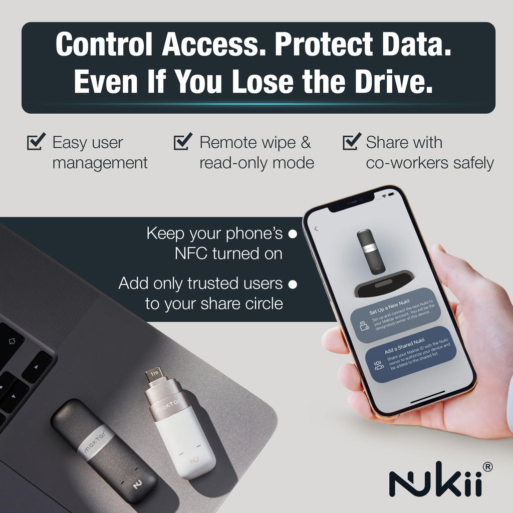 Maktar Nukii 256GB Encrypted USB-C Flash Drive, NFC Unlock, White