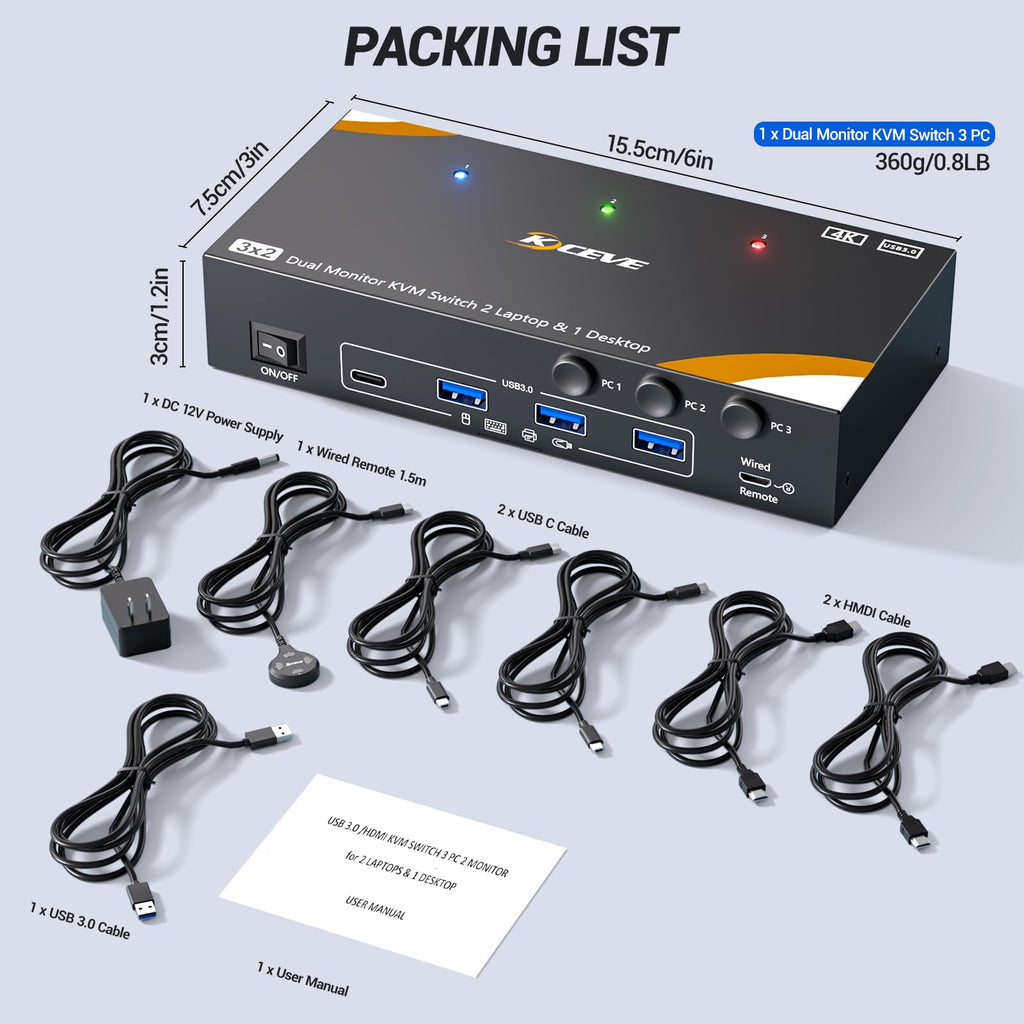 KCEVE KVM Switch 2 Monitors for 2 Laptops 1 Desktop HDMI 4K@60Hz