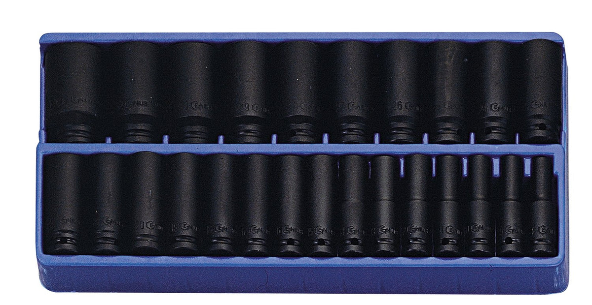 Genius Tools 24 Piece 1/2" Dr. 6-Point Metric Deep Impact Socket Set 8mm-36mm (CR-Mo) - DI-424M (Old Part # DI-425M)