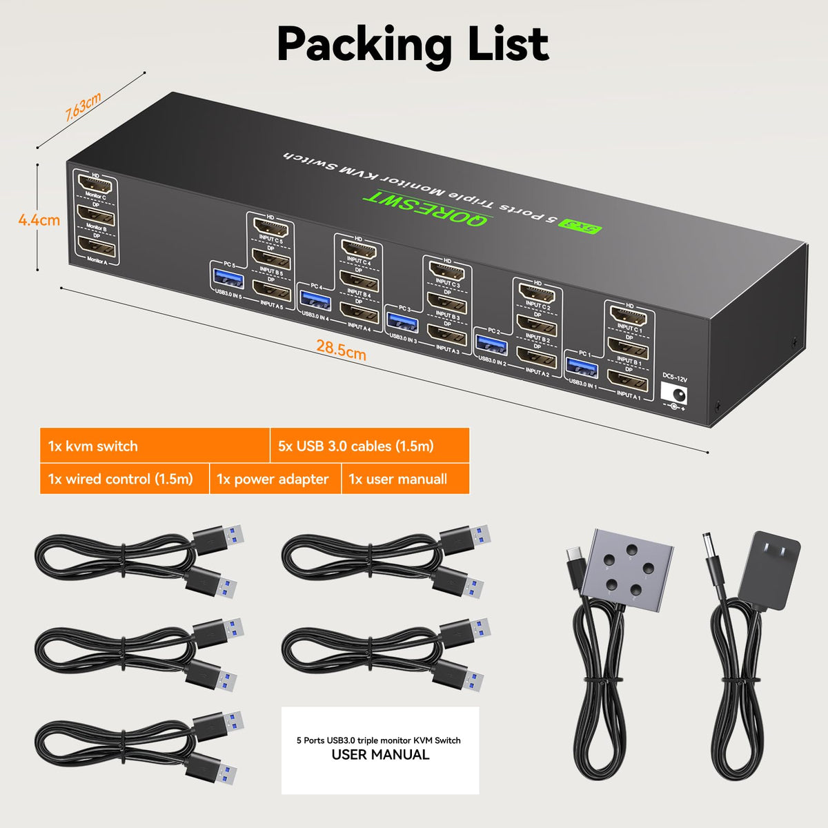 KVM Switch 3 Monitors 5 Computers HDMI + DisplayPort, 8K@30Hz/4k@144Hz Three Monitor KVM Switcher, Triple Monitor KVM for 5 PC, Widely Used in Education, Scientific Research, and AI Office