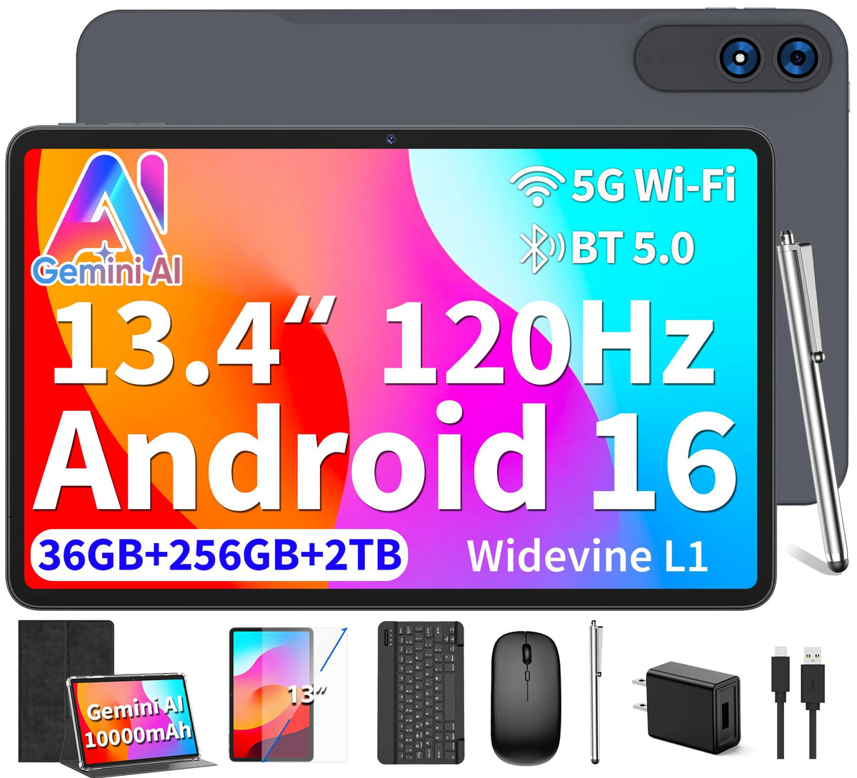 Android 16 Tablet 13 inch - Tablet with 36GB+256GB+2TB Expand, Black Case