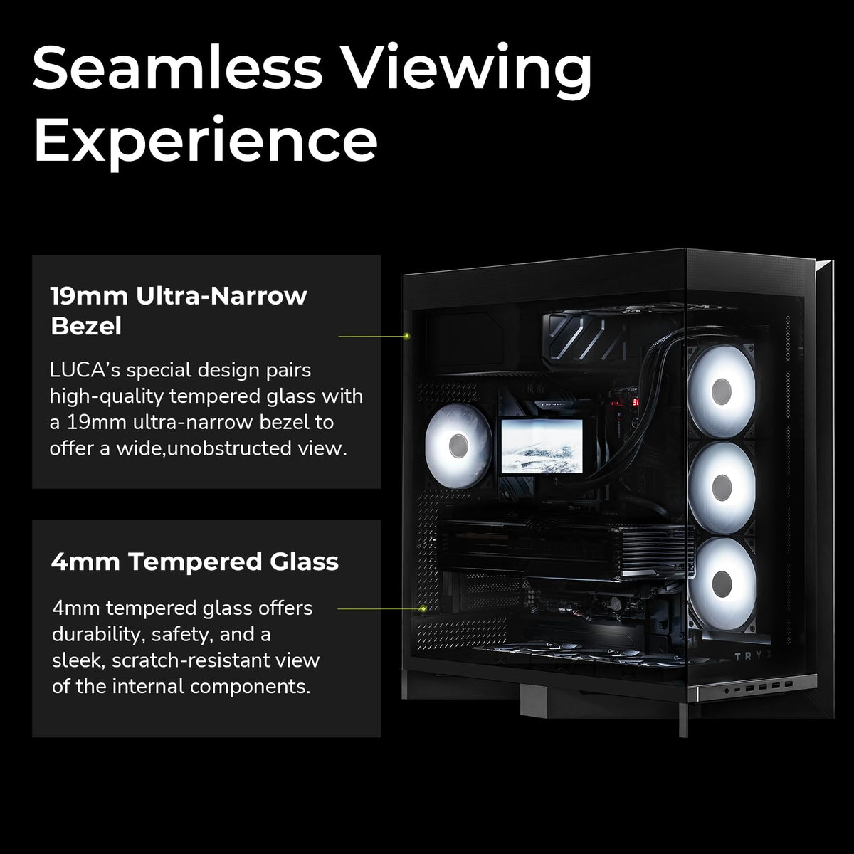 TRYX Luca L70 ATX PC Case Panoramic Glass with Front Panel ATX Case Dual Chamber High Modularity 6000-Series Anodized Aluminum Frame Computer Case 420mm Radiator Support USB 3.2 Type-C I/O Panel
