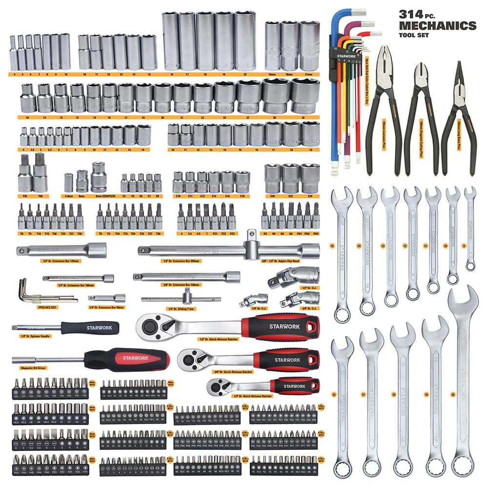 STARWORK TRUE MECHANIC™ 314-Piece Mechanics Tool Set and Socket Set, 1/4", 3/8", 1/2" Drive, Professional, Metric