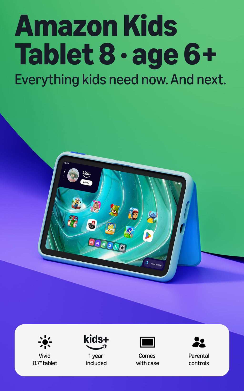 Amazon Kids Tablet 11 (newest model), Ages 6-12, 11" 2.5K display, 8GB RAM, Includes 1-year Kids+ content subscription, Parental controls, and Stellar Swirl slim hard case