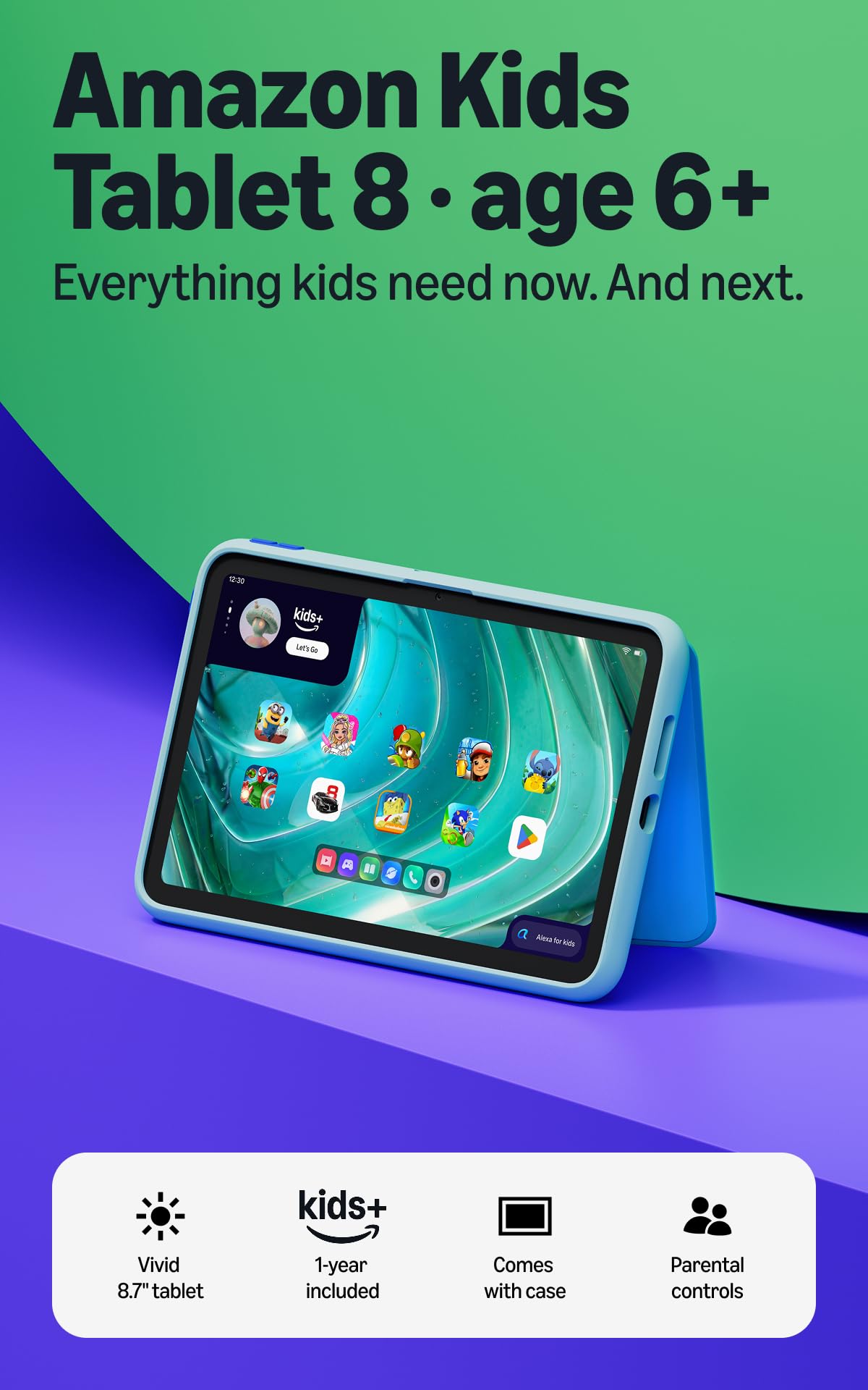 Amazon Kids Tablet 11 (newest model), Ages 6-12, 11" 2.5K display, 8GB RAM, Includes 1-year Kids+ content subscription, Parental controls, and Stellar Swirl slim hard case