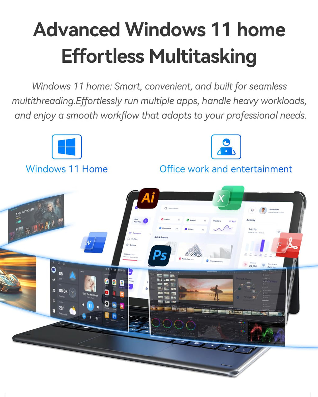 NewBook 10 10.1 inch 2-in-1 Laptop Tablet PC, Win 11 Compatible with Intel Pentium Gold 6500Y, 8GB RAM 256GB SSD, 1920x800 FHD Touchscreen, Micro HDMI/USB-C 3.2 with Magnetic Keyboard & Stand