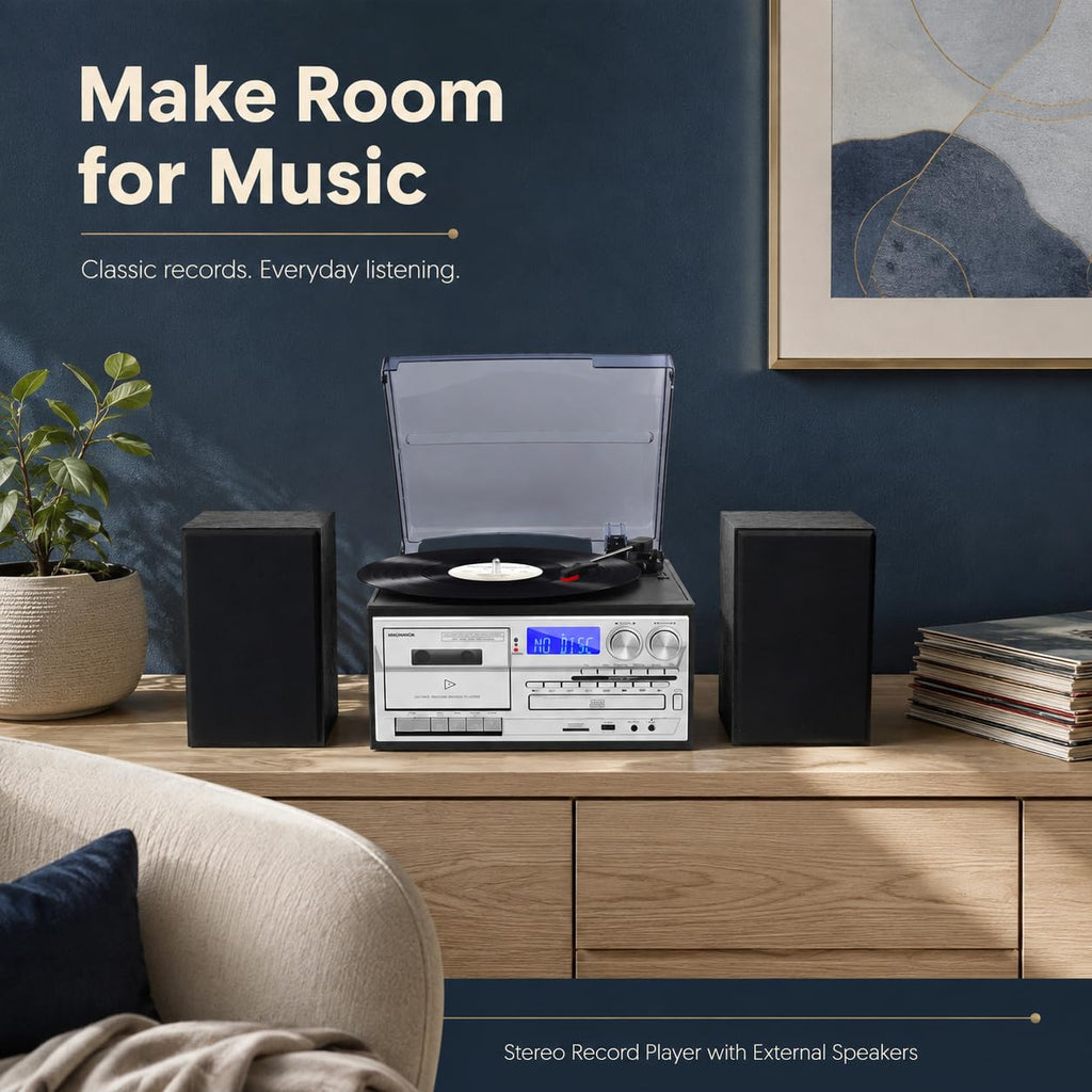 10 in 1 Record Player with External Speakers, Timeless Vintage Style & Rich Stereo Sound, Two-Way Bluetooth, 3-Speed Turntable, CD, Cassette, AM/FM Radio, USB/SD, Remote Control, Black