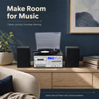 10 in 1 Record Player with External Speakers, Timeless Vintage Style & Rich Stereo Sound, Two-Way Bluetooth, 3-Speed Turntable, CD, Cassette, AM/FM Radio, USB/SD, Remote Control, Black