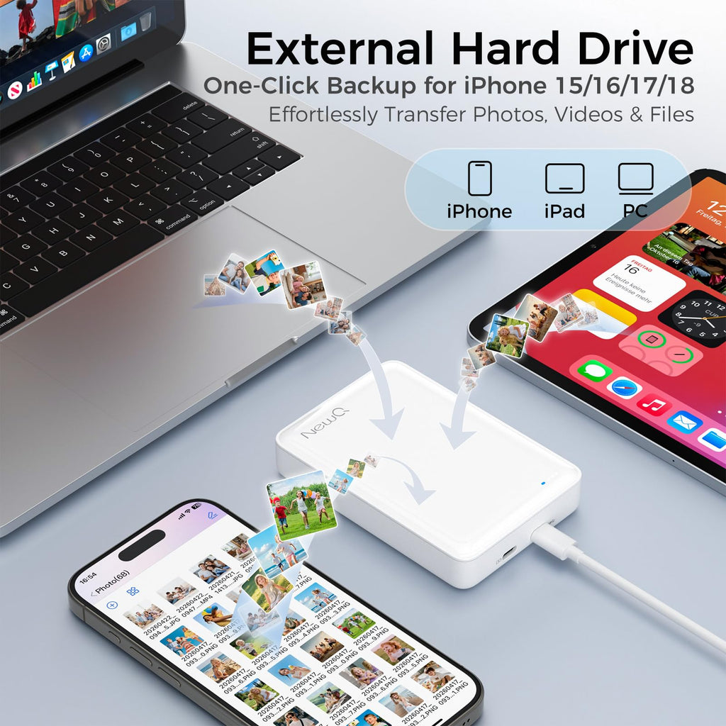 NEWQ 2TB External Hard Drive for iPhone, Portable Phone Drive with App to Backup Photos, Videos and Files, for iPhone 15/16/17/18 Series