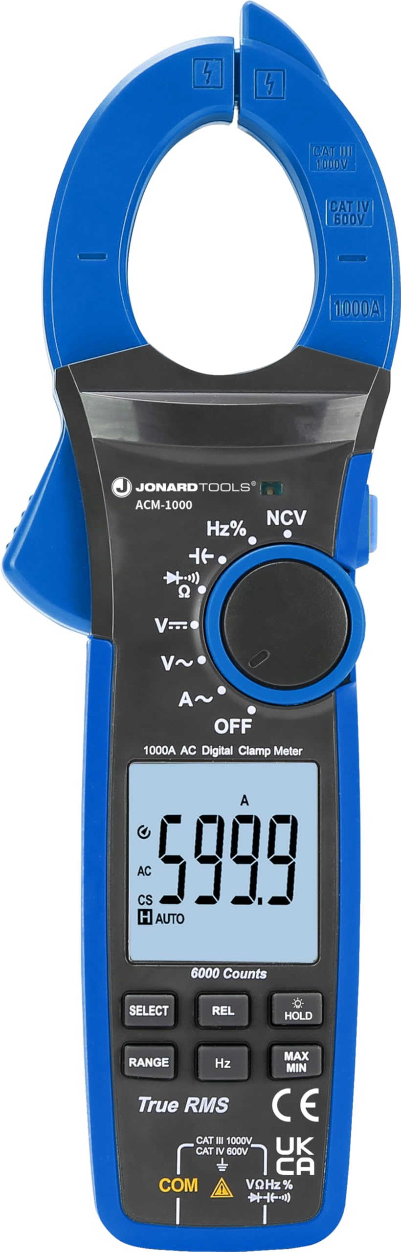 Jonard Tools ACM-1000 Digital Clamp Meter, 1000V/1000A TRMS Multimeter with 42mm Clamp, Non-Contact Voltage Tester, Measures AC/DC Voltage, Current, Continuity, Frequency, Capacitance