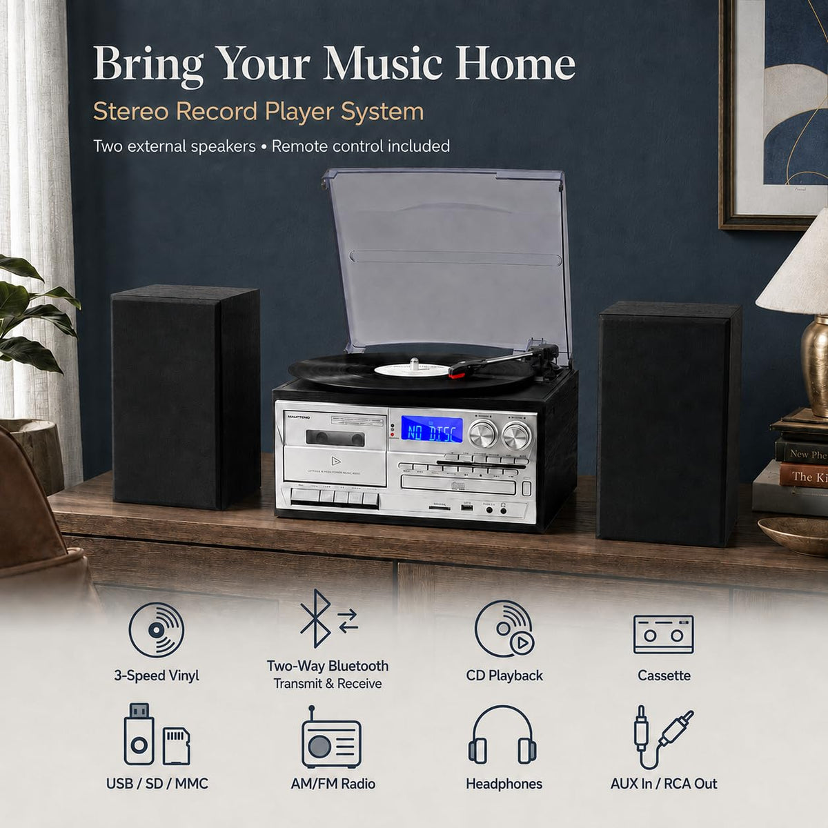 10 in 1 Record Player with External Speakers, Timeless Vintage Style & Rich Stereo Sound, Two-Way Bluetooth, 3-Speed Turntable, CD, Cassette, AM/FM Radio, USB/SD, Remote Control, Black