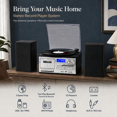 10 in 1 Record Player with External Speakers, Timeless Vintage Style & Rich Stereo Sound, Two-Way Bluetooth, 3-Speed Turntable, CD, Cassette, AM/FM Radio, USB/SD, Remote Control, Black