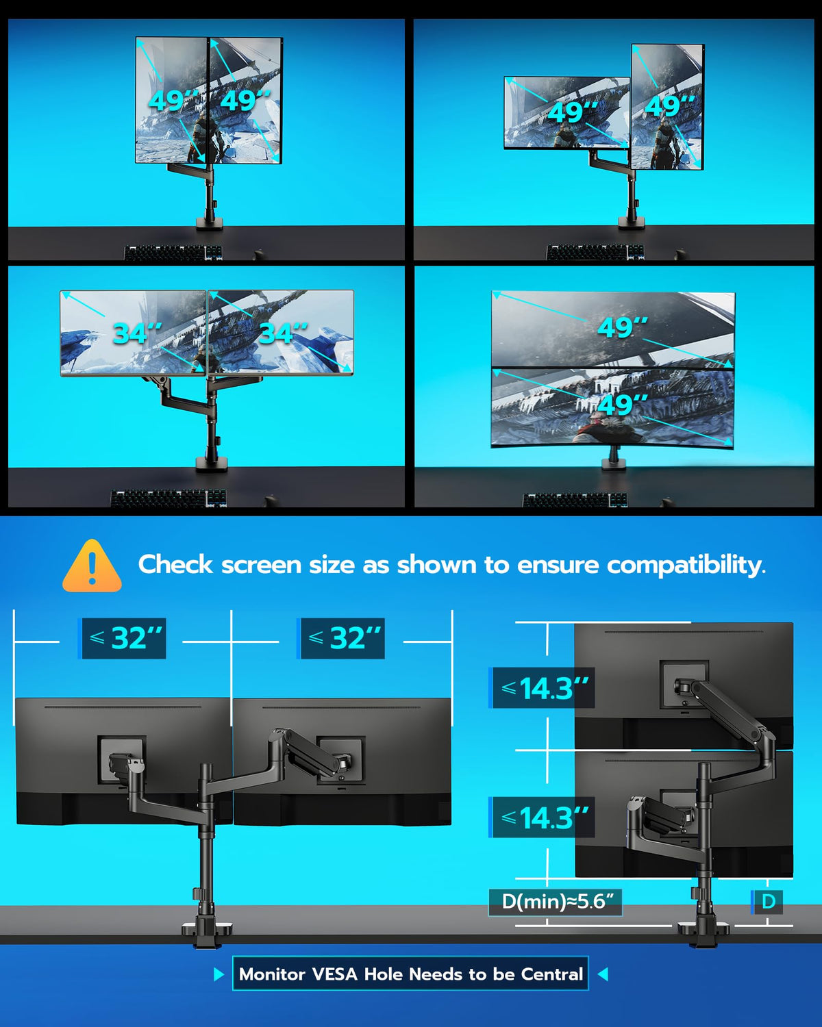 ARES WING Dual Monitor Stand for Desk, Arm with USB A/C for 17 to 49 Inch