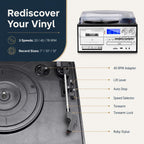 10 in 1 Record Player with External Speakers, Timeless Vintage Style & Rich Stereo Sound, Two-Way Bluetooth, 3-Speed Turntable, CD, Cassette, AM/FM Radio, USB/SD, Remote Control, Black