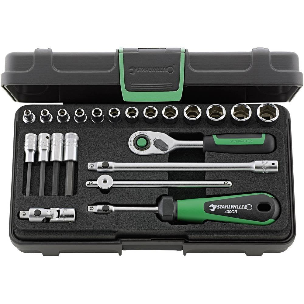 Stahlwille 96011181 22-Piece Socket Set with Quick Release Ratchet, Includes 1/4" Hex and Inhex Sockets (3mm-13mm), Stored in Durable ABS Case, Ideal for Heavy-Duty Applications, Made in Germany
