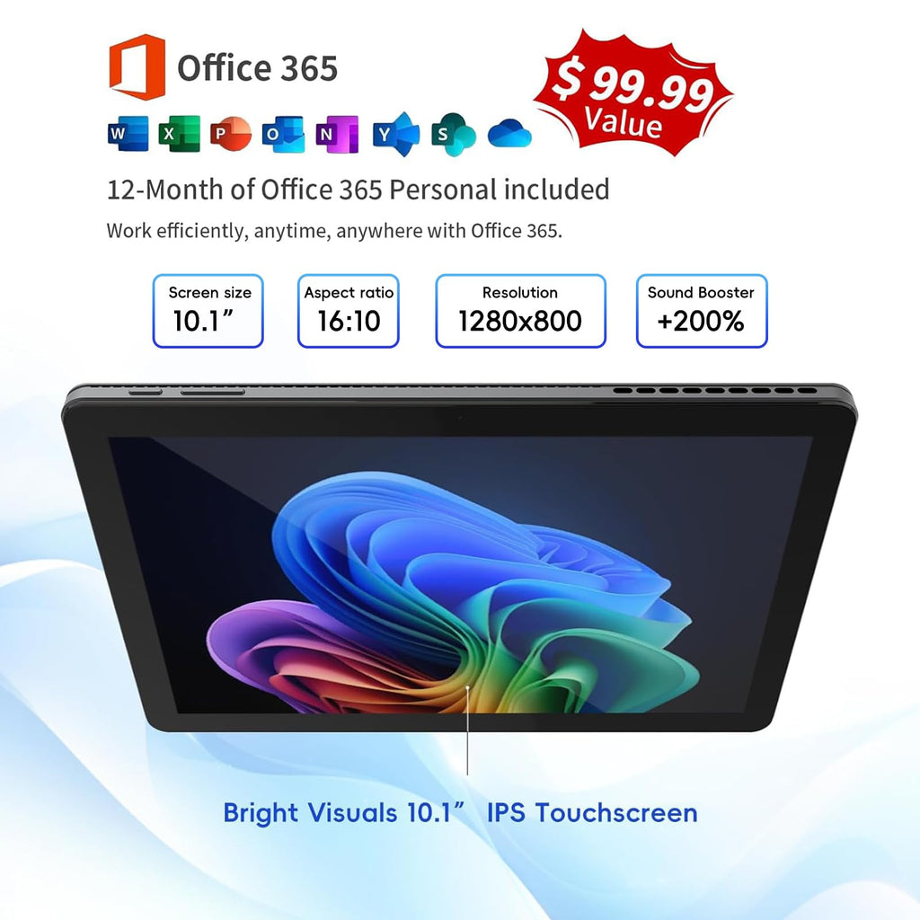 2-in-1 Laptop/Tablet (2026), 10.1" FHD IPS Touchscreen, 1-Year Office 365