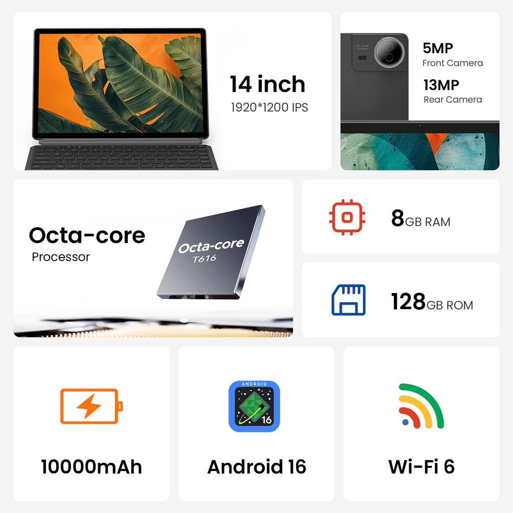 Maxsignage 14 inch Large Screen Tablet, 2026 Android 16 Tablets, 8GB RAM+128GB ROM(1TB Expandtion), 10000mAh Battery 18W Charging, 1920 * 1200 IPS FHD Display Large tableta, WiFi 6 & Bluetooth