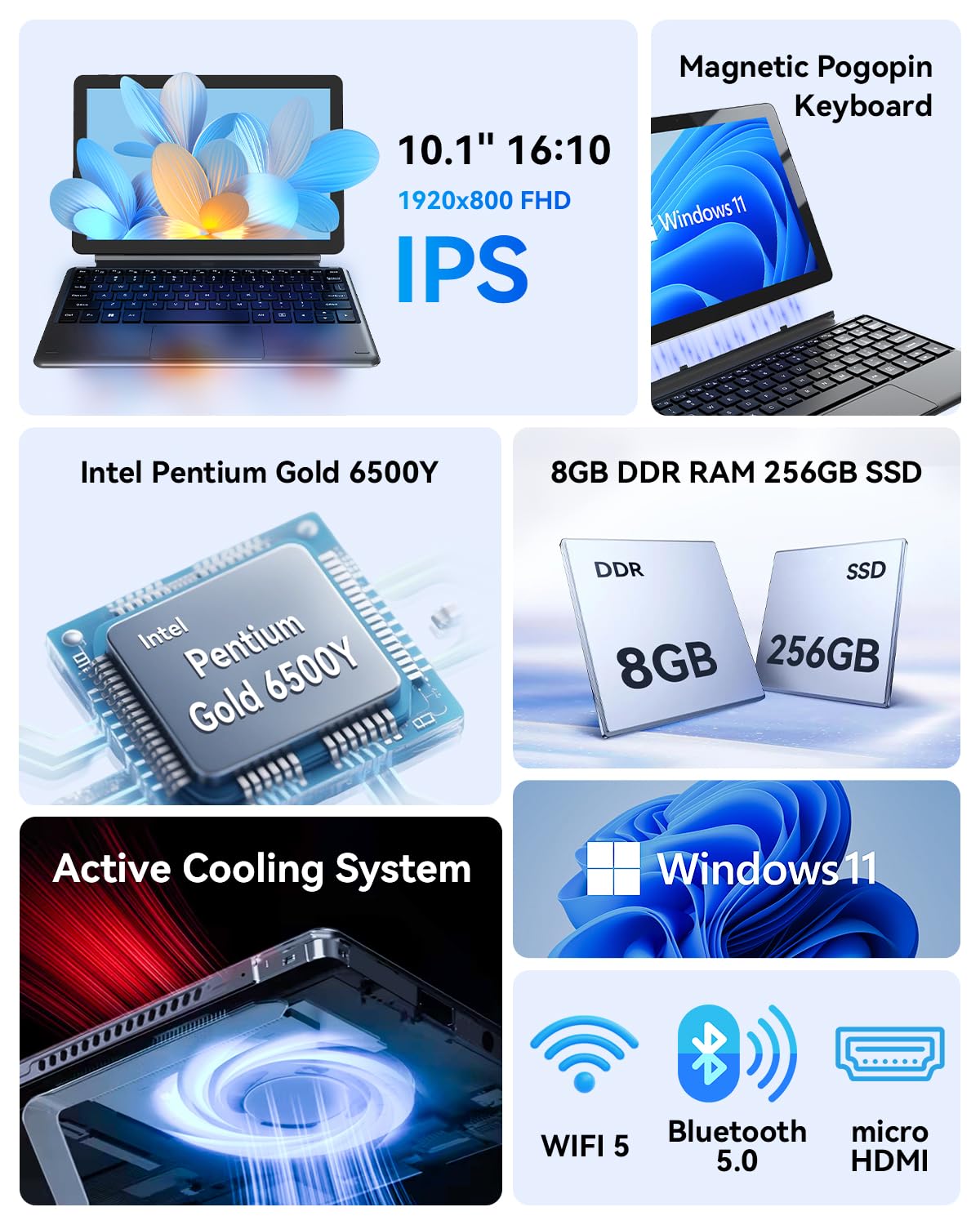 NewBook 10 10.1 inch 2-in-1 Laptop Tablet PC, Win 11 Compatible with Intel Pentium Gold 6500Y, 8GB RAM 256GB SSD, 1920x800 FHD Touchscreen, Micro HDMI/USB-C 3.2 with Magnetic Keyboard & Stand