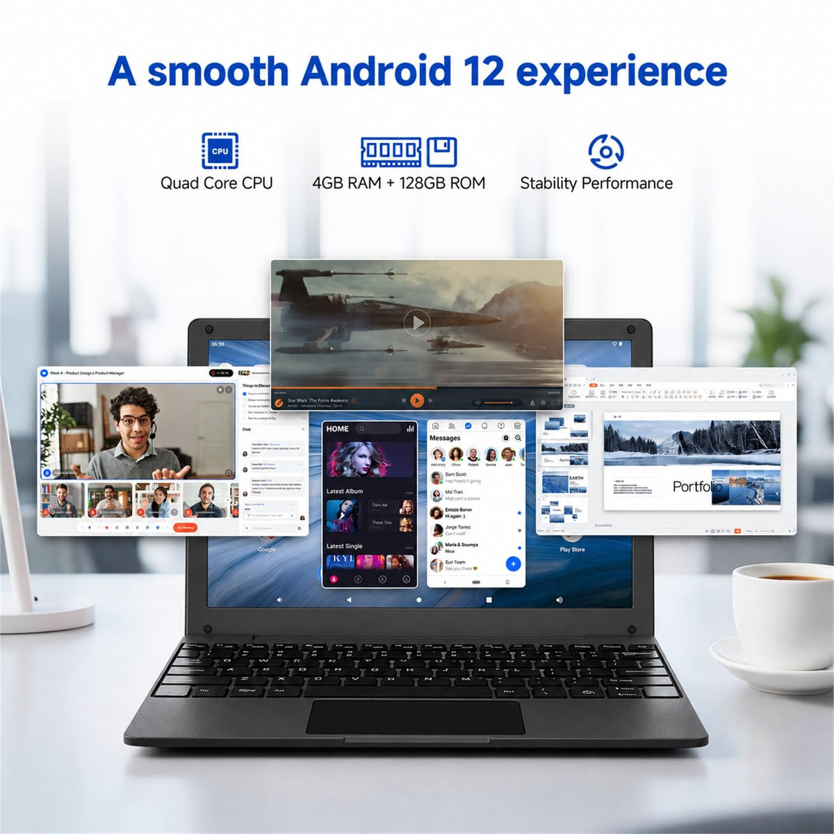 10.1 Inch Mini Netbook, Quad-Core Processor Laptop Computer, 2GB Memory 64GB Storage Android 12 Portable Notebook Built-in Webcam, WiFi & Bluetooth Keyboard & Mouse for Home Schooling & Office Work