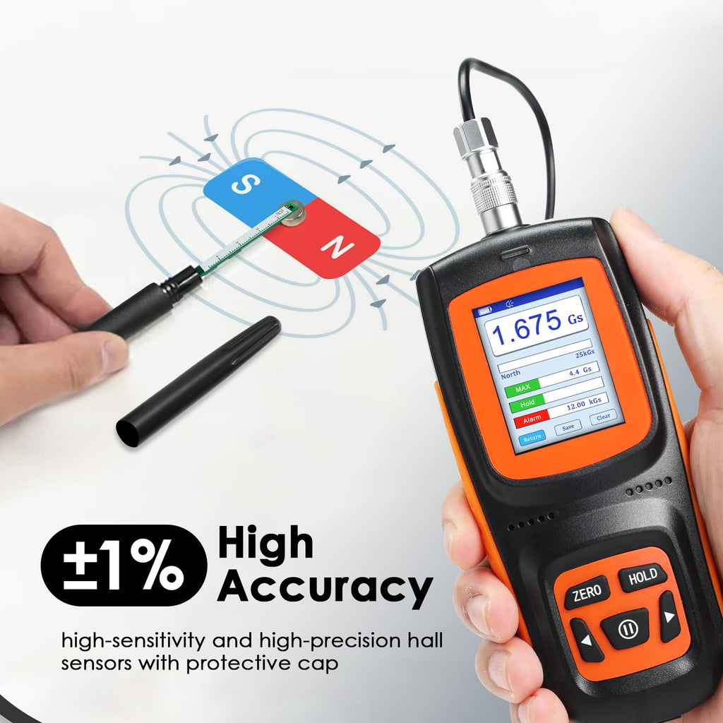 Gauss Meter ±1% High Precision Tesla Meter 0-2500mT 25000Gs Hall Sensor Magnetic Field Tester Data Storage USB Rechargeable TFT Display DC Field Measurement Device