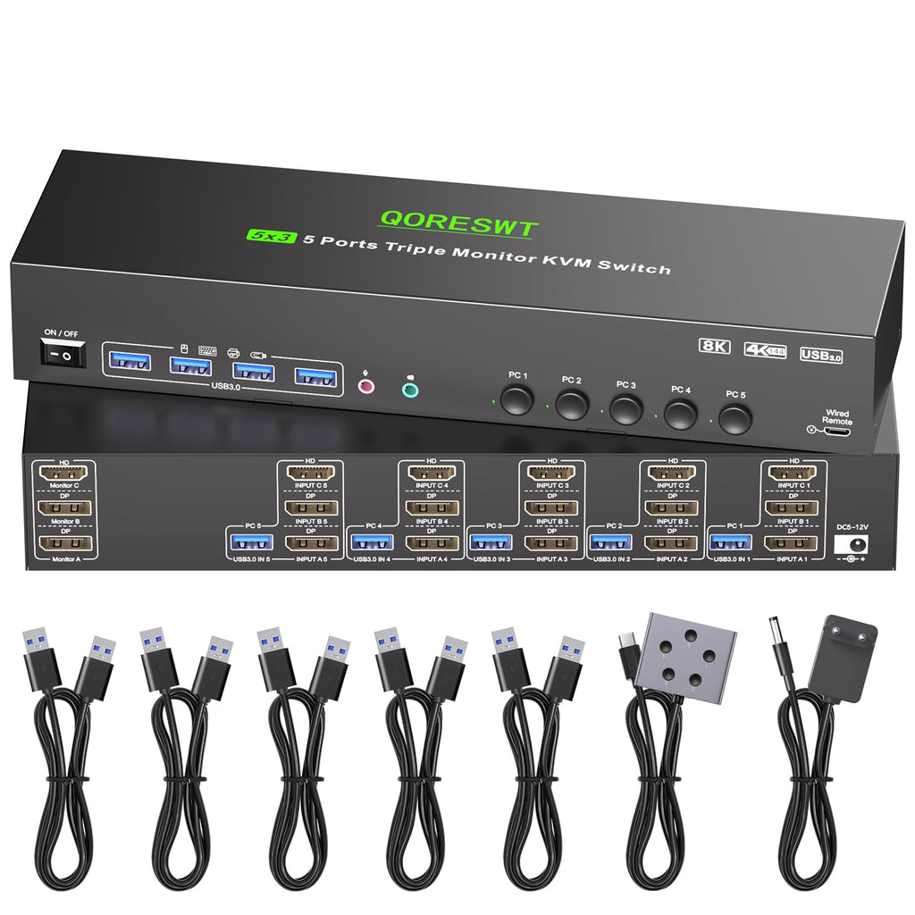 KVM Switch 3 Monitors 5 Computers HDMI + DisplayPort, 8K@30Hz/4k@144Hz Three Monitor KVM Switcher, Triple Monitor KVM for 5 PC, Widely Used in Education, Scientific Research, and AI Office