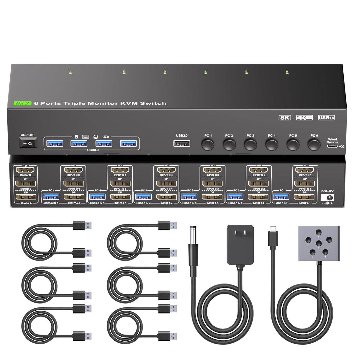 HDMI+Displayport KVM Switch 3 Monitors 6 Computers, 8K@30Hz/4K@60Hz Triple Monitor KVM Switches for 6 Computers Sharing 3 Monitors, Keyboard and Mouse,with USB Cables,Controller and Power Adapter..